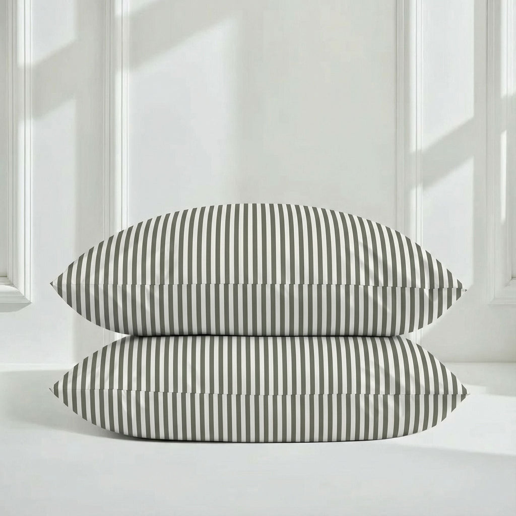 Two striped sateen pillows in white with muted green vertical stripes.