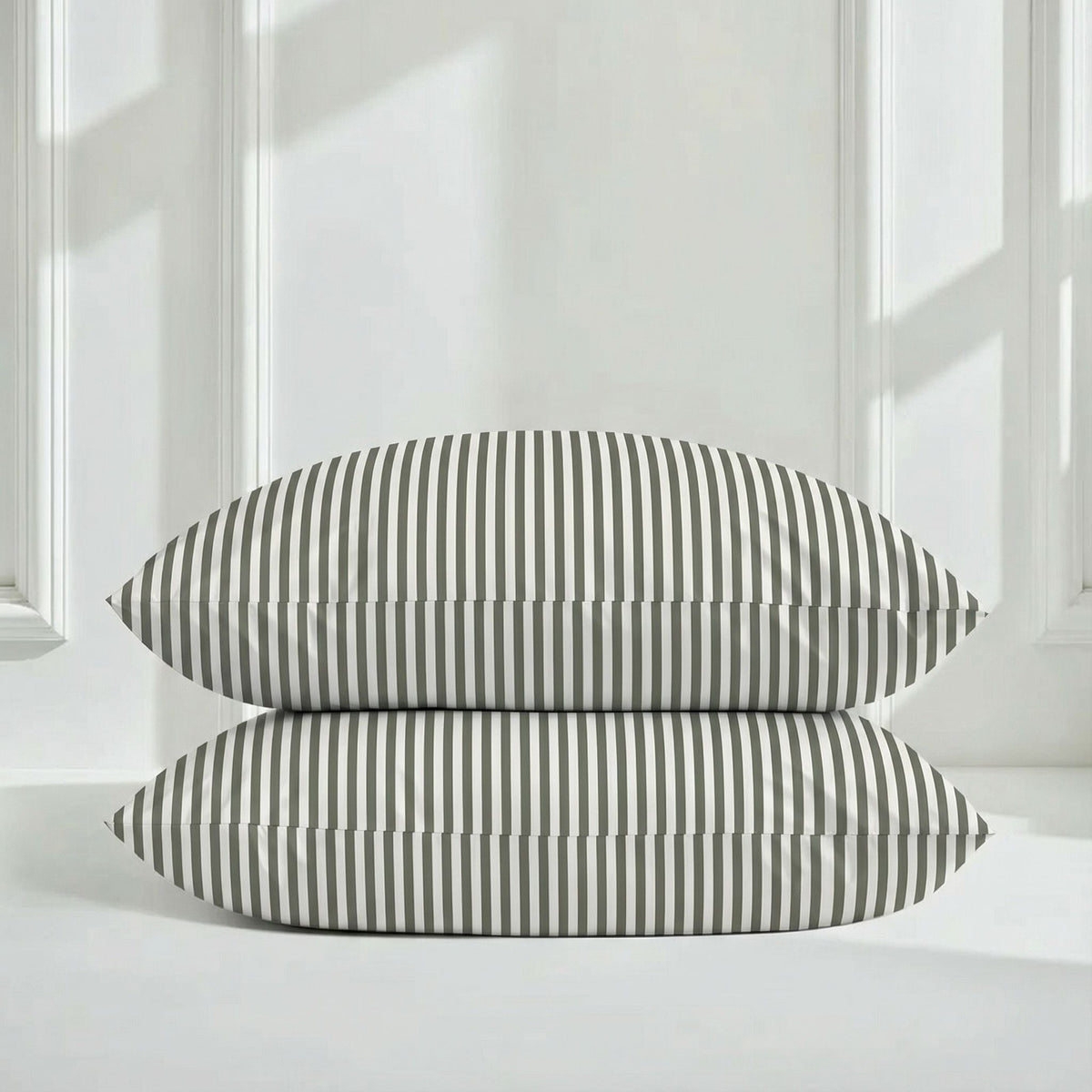Two striped sateen pillows in white with muted green vertical stripes.