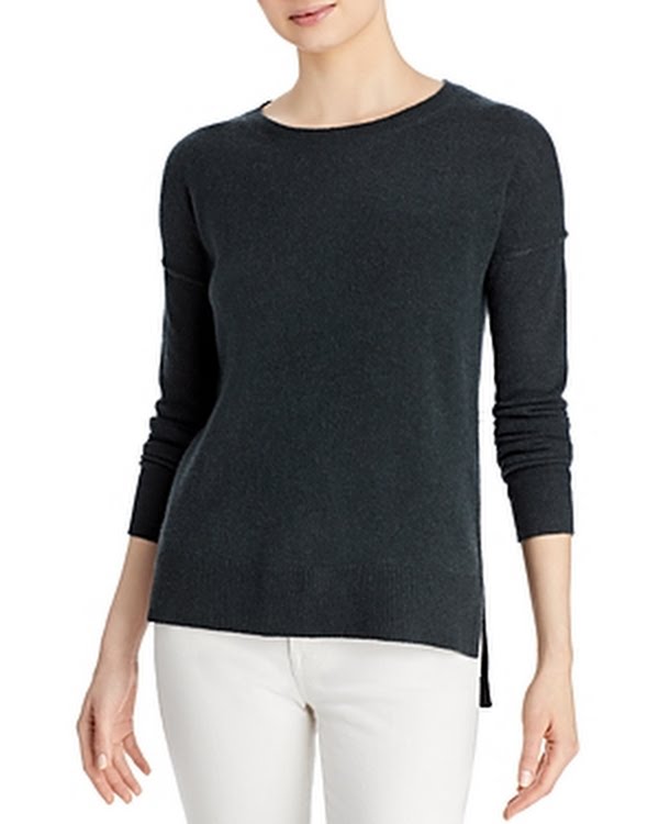 Dark gray cashmere high-low sweater with 3/4 sleeves and crew neckline