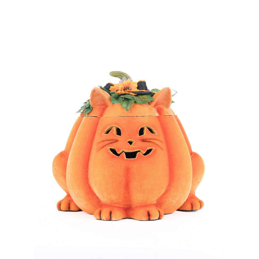 Orange plush pumpkin cat candy container with jack-o-lantern face and floral top hat