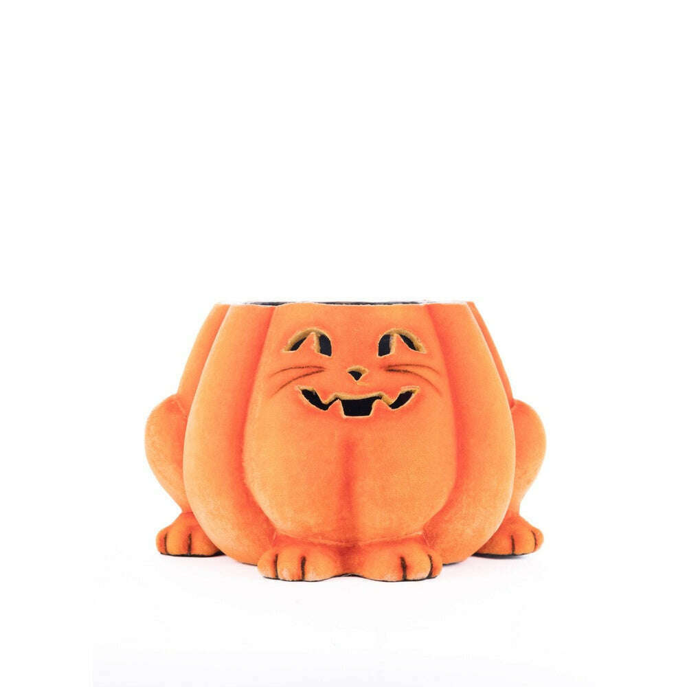 Orange plush pumpkin cat candy container with smiling carved face, front view