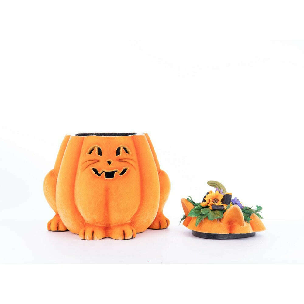 Orange plush pumpkin cat candy container with carved grin and matching lid