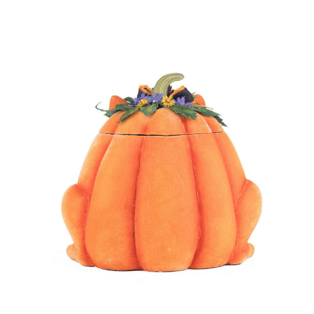 Orange plush pumpkin cat candy container with pleated pumpkin body and floral top