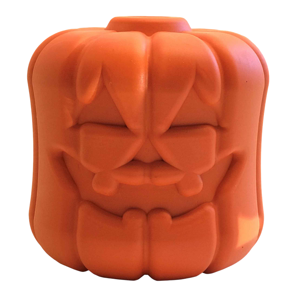 Orange jack-o'-lantern shaped dog chew and treat dispenser toy, carved face design.