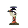 Moon pillar candle holder with purple candle tray, moon face, cat, and pumpkin decorations