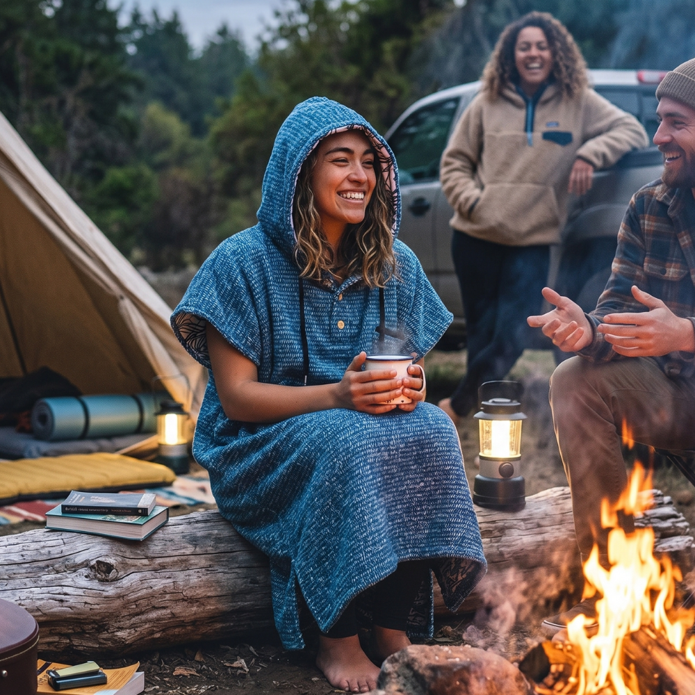 Blue heathered blanket robe hoodie with hood and short sleeves for outdoor wear