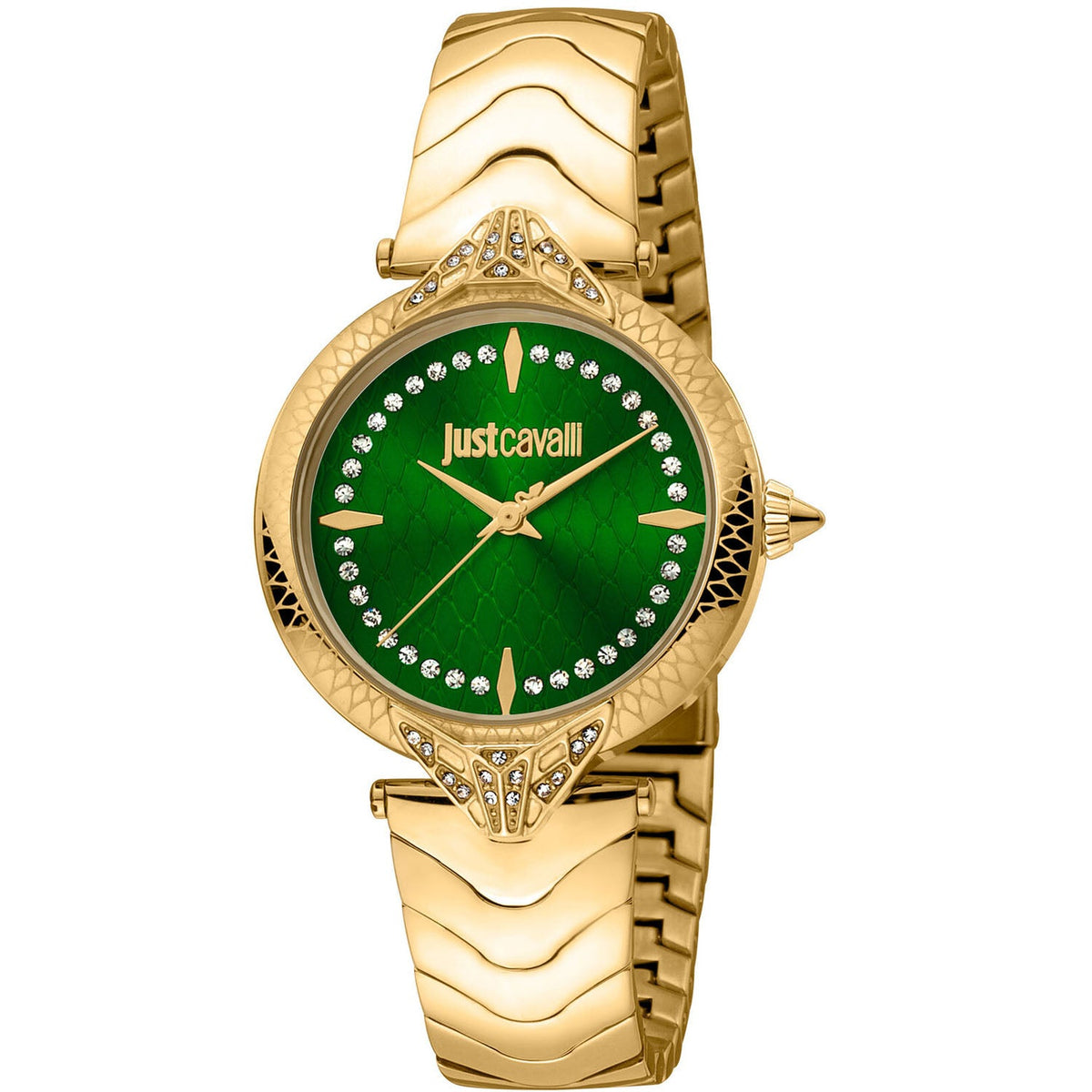Just Cavalli women's gold-tone watch with green animal-print dial and crystal hour markers