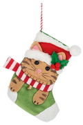 Cat mini stocking gift card holder ornament with red scarf, striped cuff and pom
