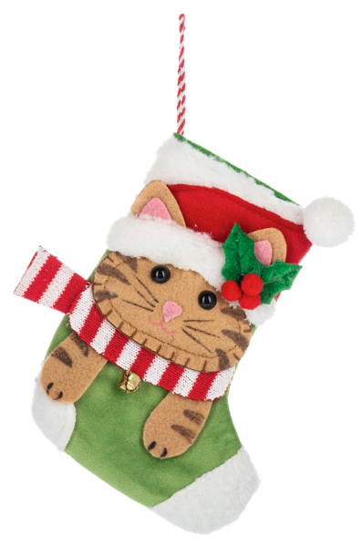 Cat mini stocking gift card holder ornament with red scarf, striped cuff and pom