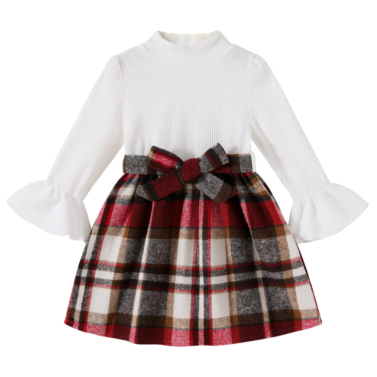 Girls knit sweater-dress: white long sleeves, plaid skirt, large red bow