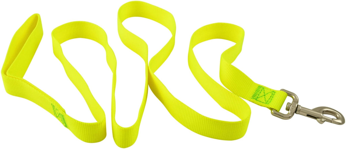 Neon yellow nylon dog leash with metal swivel snap hook and split ring.