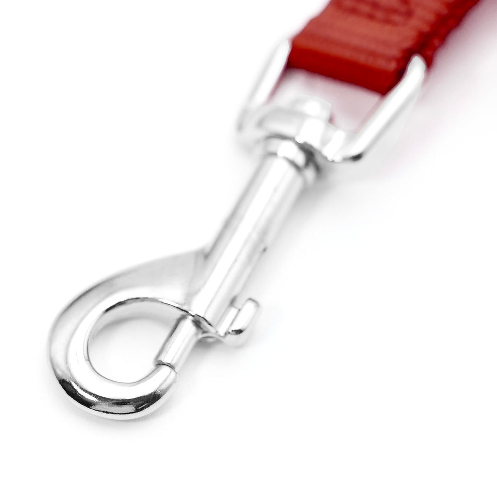 Red nylon dog leash with chrome swivel snap hook and D-ring.