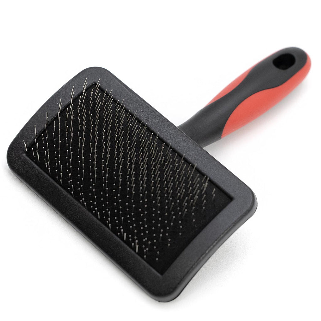 Dual-level pin pet grooming brush with black base and red handle
