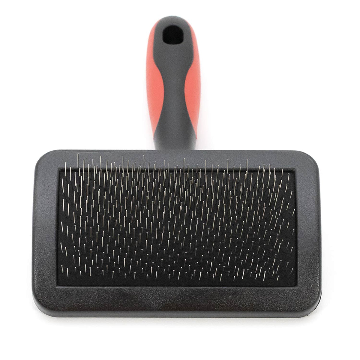 Pet grooming brush with black rectangular pad, pin bristles, and red-and-black handle