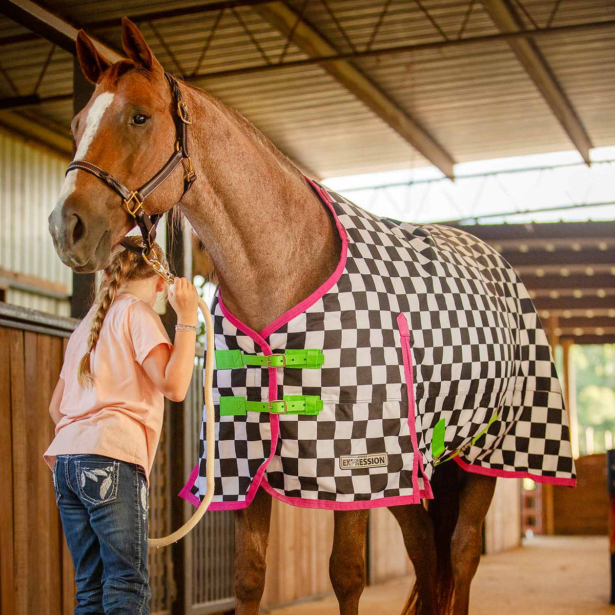 Checkered turnout horse blanket with standard neck, pink trim, and multicolor belly straps