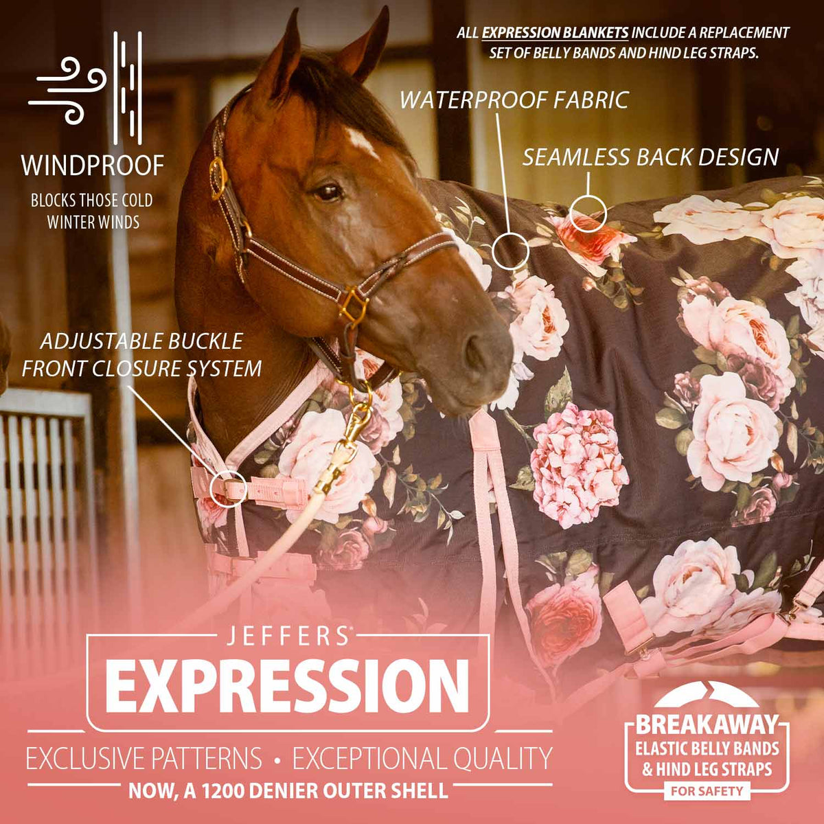 Horse turnout blanket in dark fabric with pink floral pattern and adjustable front straps