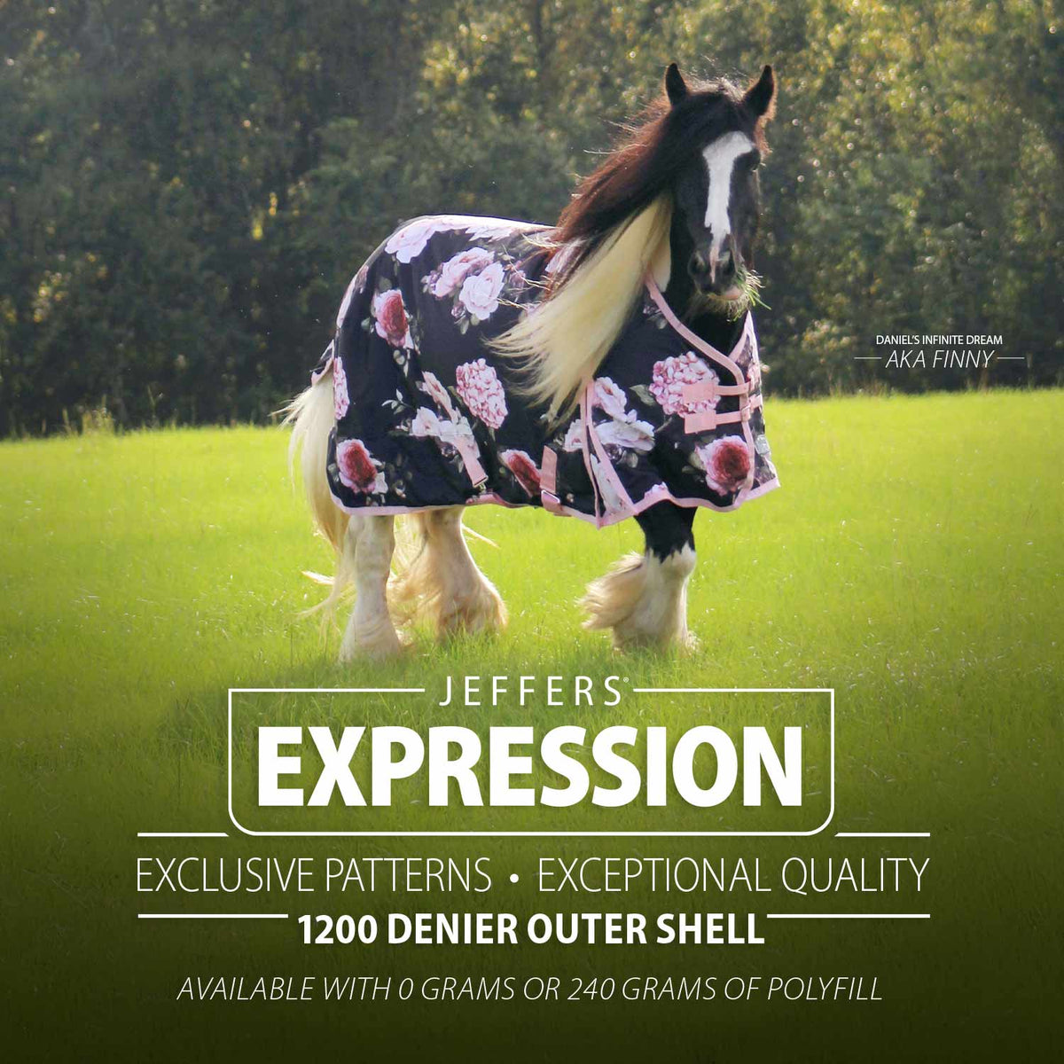 Horse turnout blanket with dark floral print and pink flowers over blanket