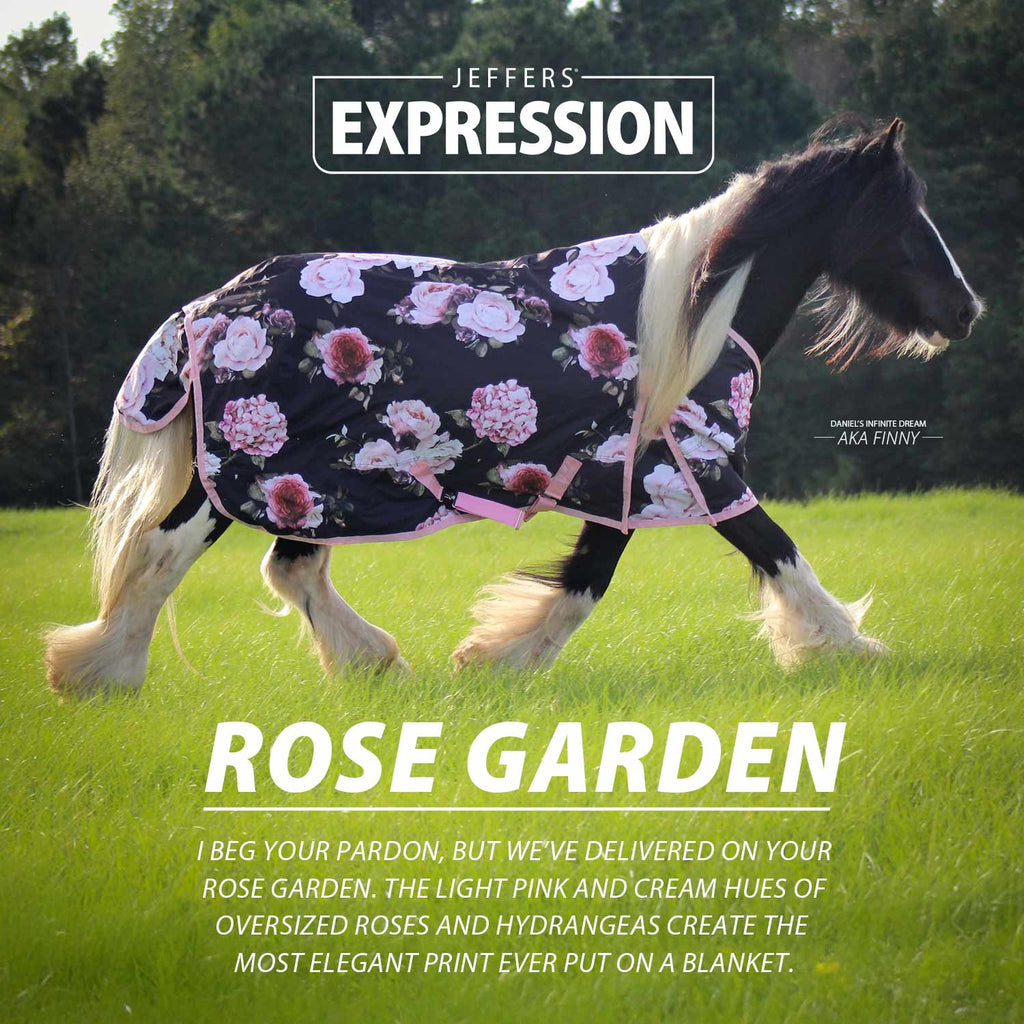 Horse turnout blanket with dark floral rose pattern and pink blossoms