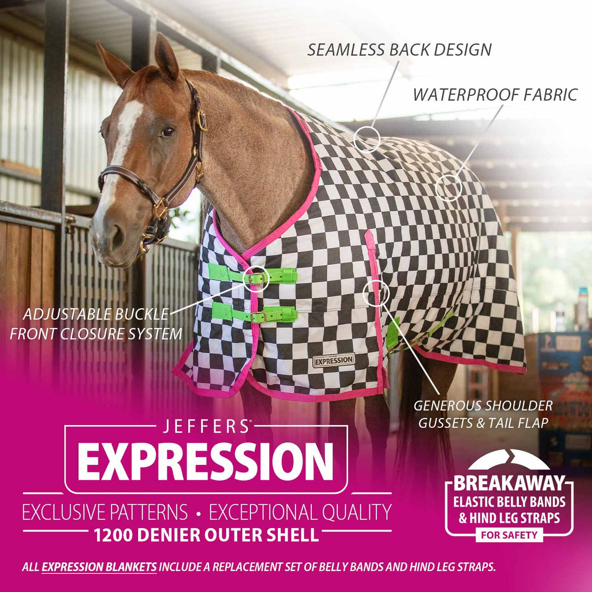 Horse turnout blanket on chestnut horse with checkered black-white pattern and pink trim