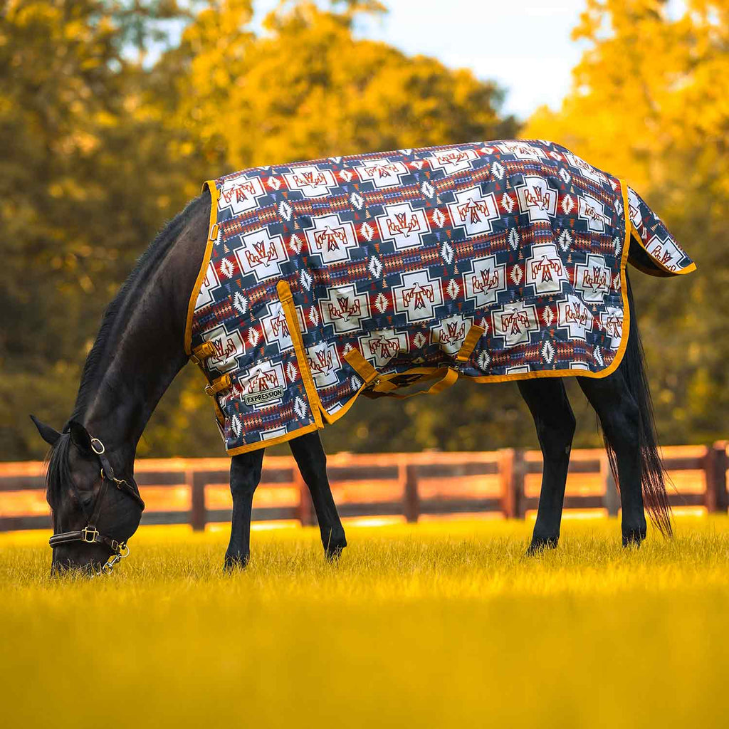 Navy patterned turnout horse blanket with standard neck, geometric print, and side straps