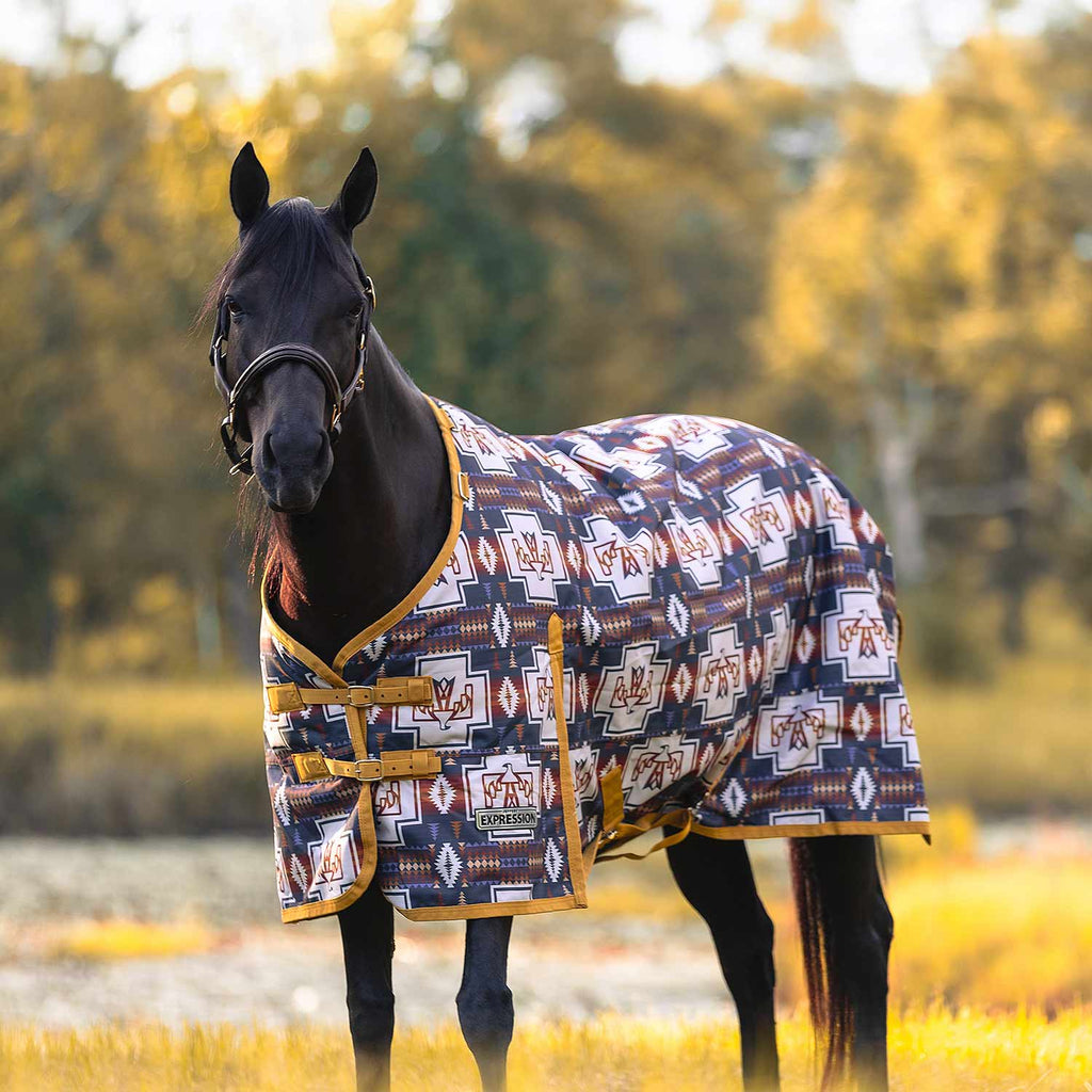 Navy geometric turnout horse blanket with standard neck and bright yellow trim straps