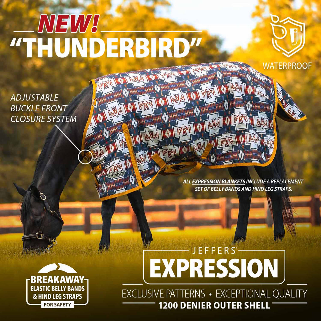 Navy geometric print turnout horse blanket with standard neck and adjustable buckle front
