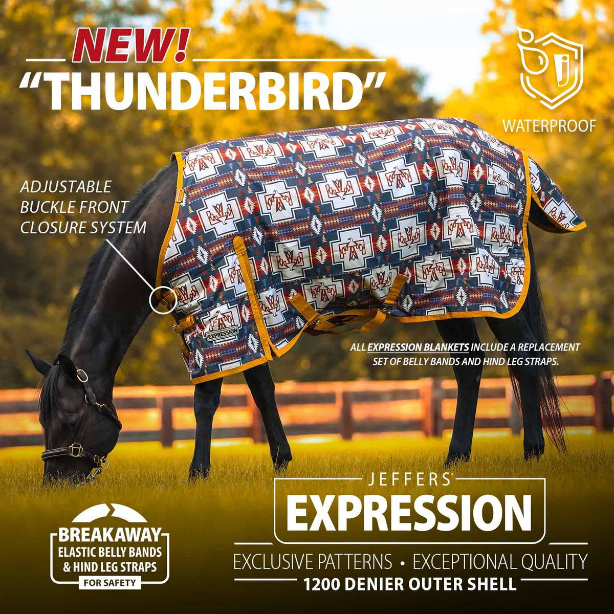 Navy geometric print turnout horse blanket with standard neck and adjustable buckle front