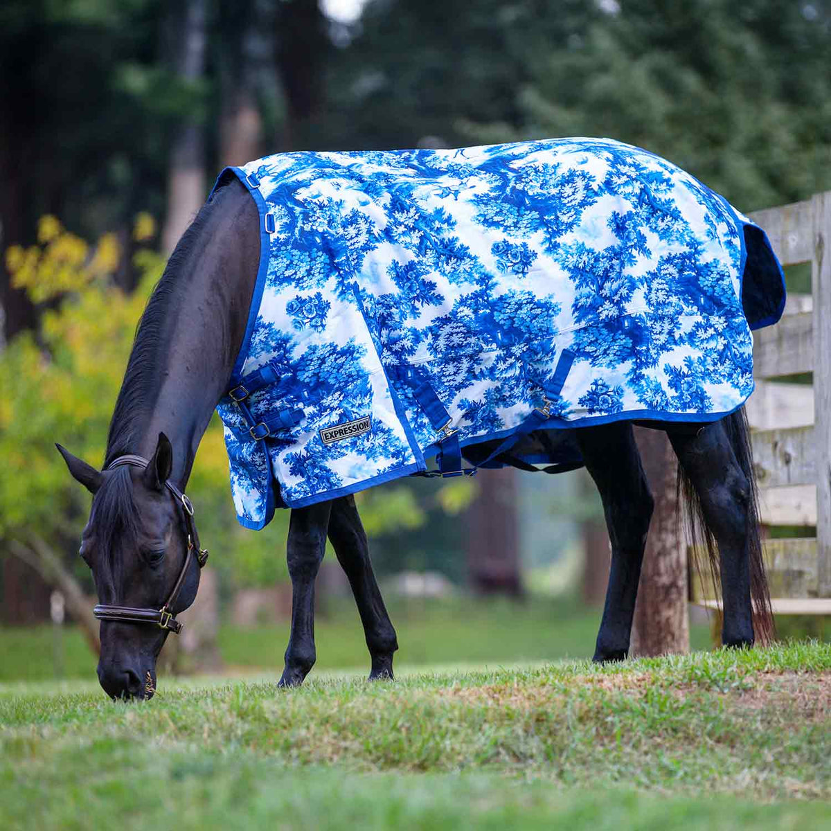 Horse turnout blanket in blue tree pattern with wraparound front and belly straps