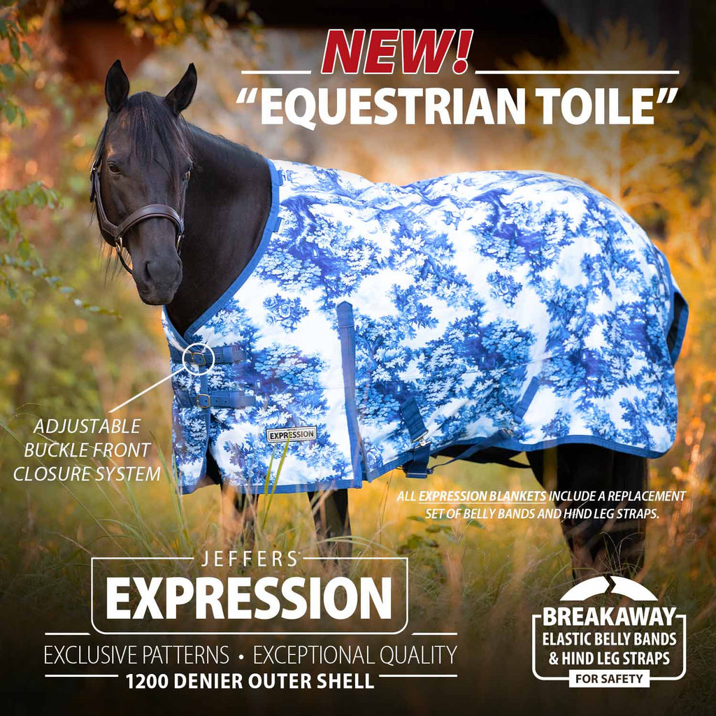 Horse turnout blanket in blue forest pattern with Expression logo and front buckle closure