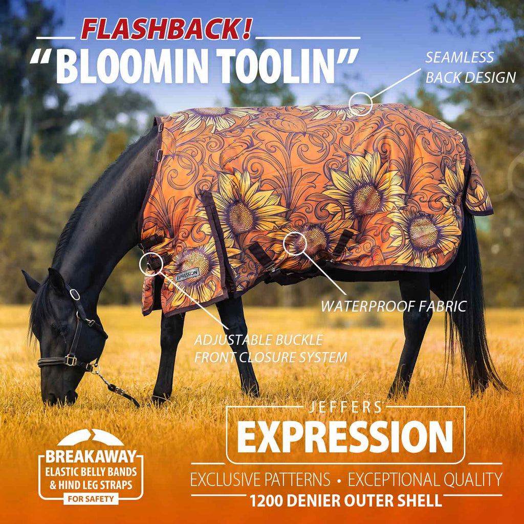 Orange floral patterned turnout horse blanket with standard neck and front closure system
