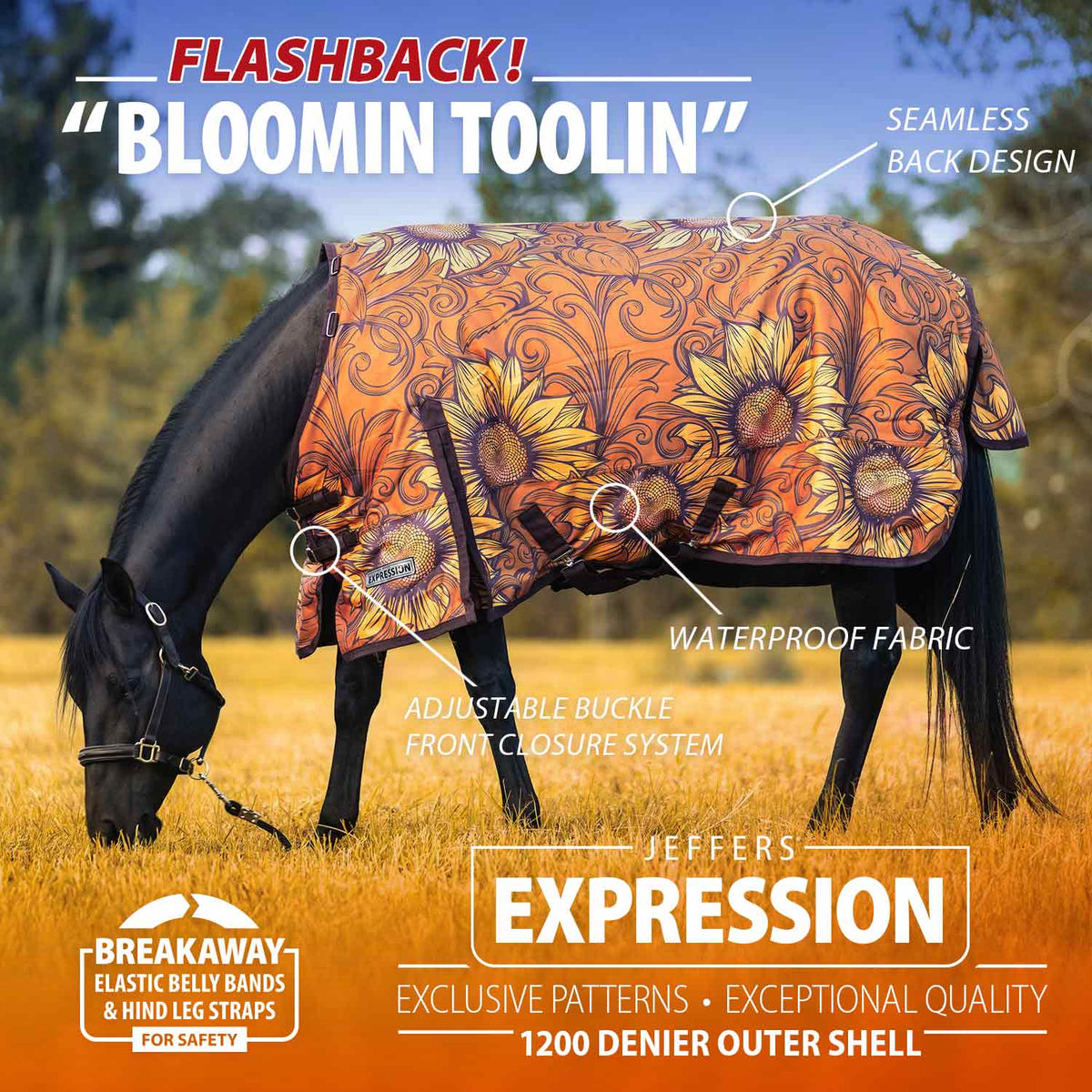 Orange floral patterned turnout horse blanket with standard neck and front closure system