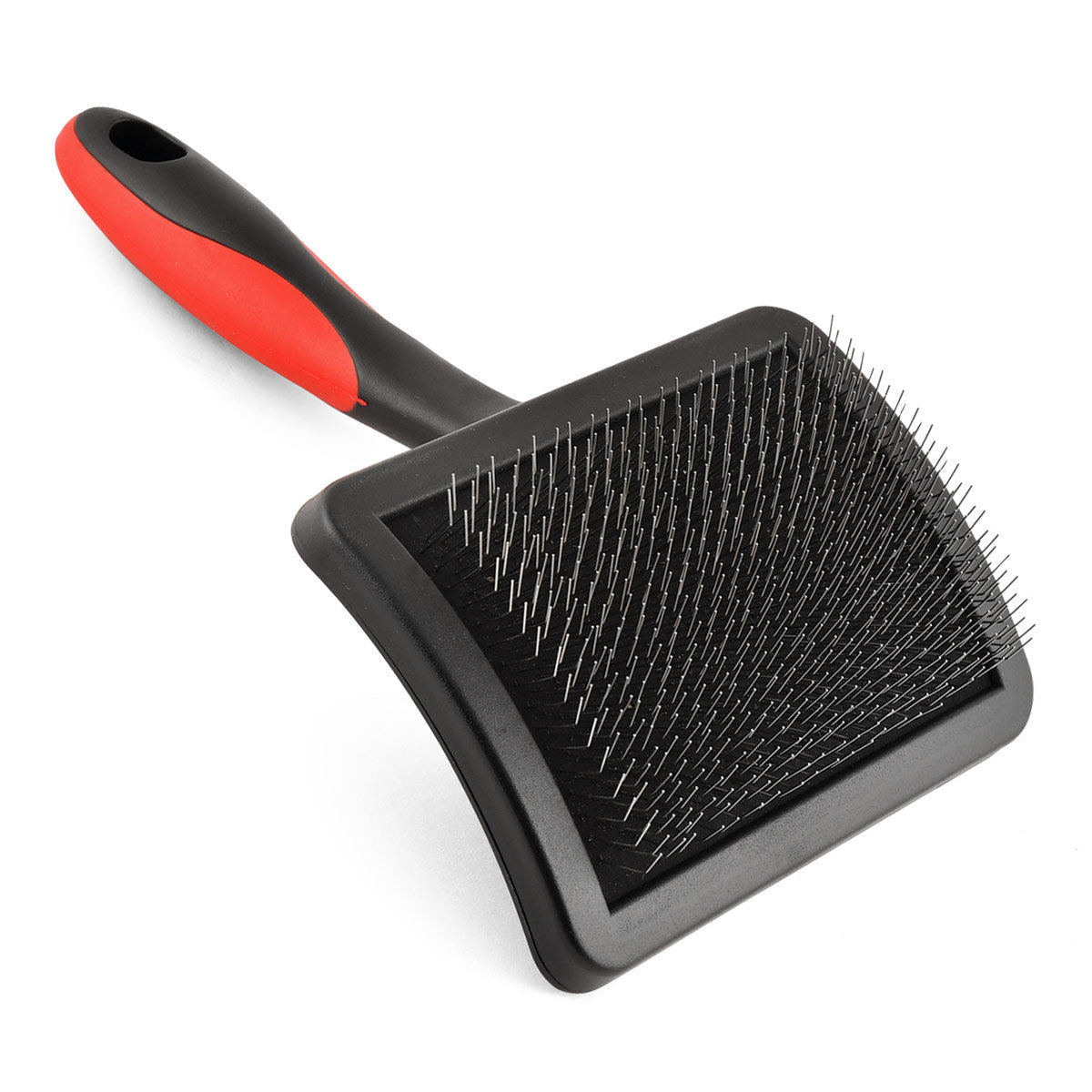 Square pin-bristle slicker pet grooming brush with black/red ergonomic handle