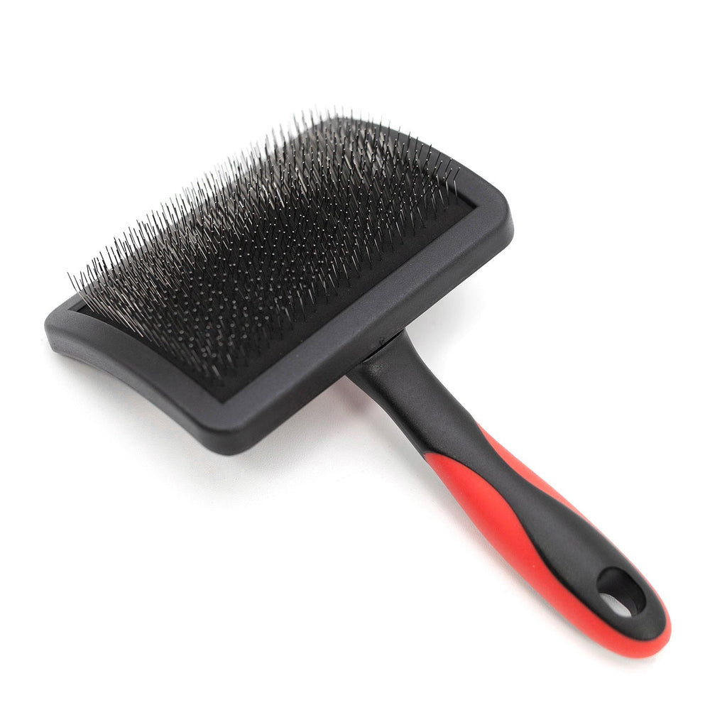 Black slicker pet grooming brush with red-and-black handle and pin bristle pad