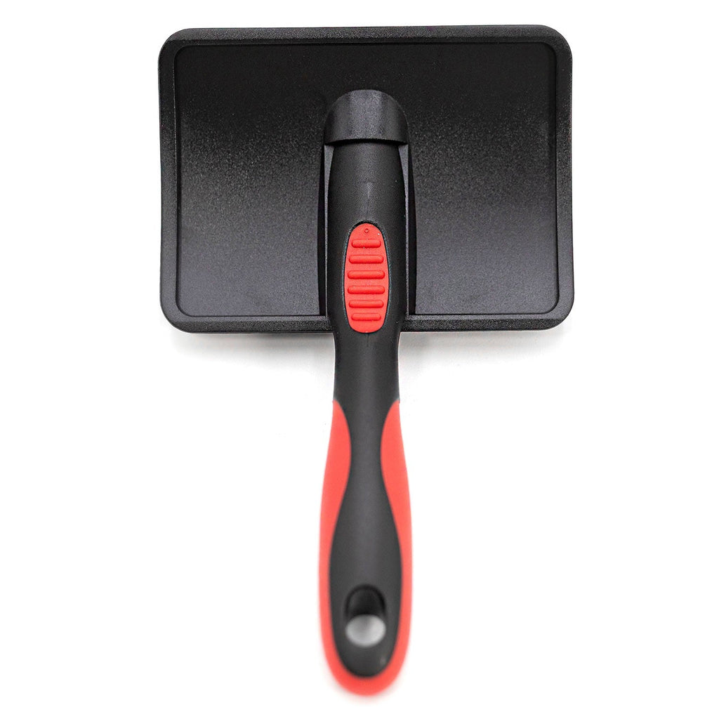 Pet grooming slicker brush with black/red handle and pin bristle pad
