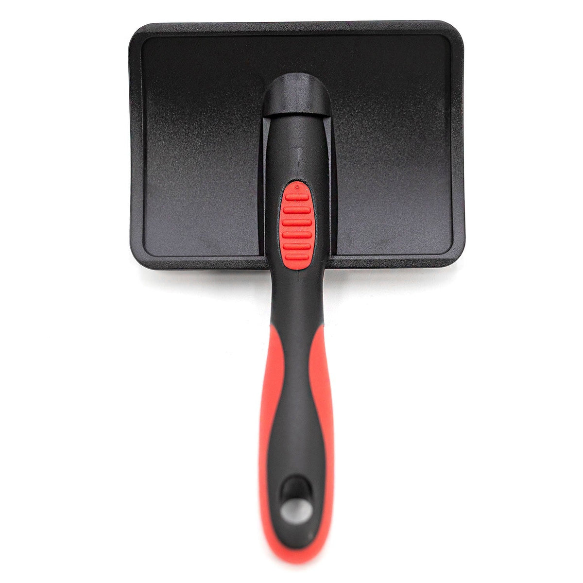 Pet grooming slicker brush with black/red handle and pin bristle pad