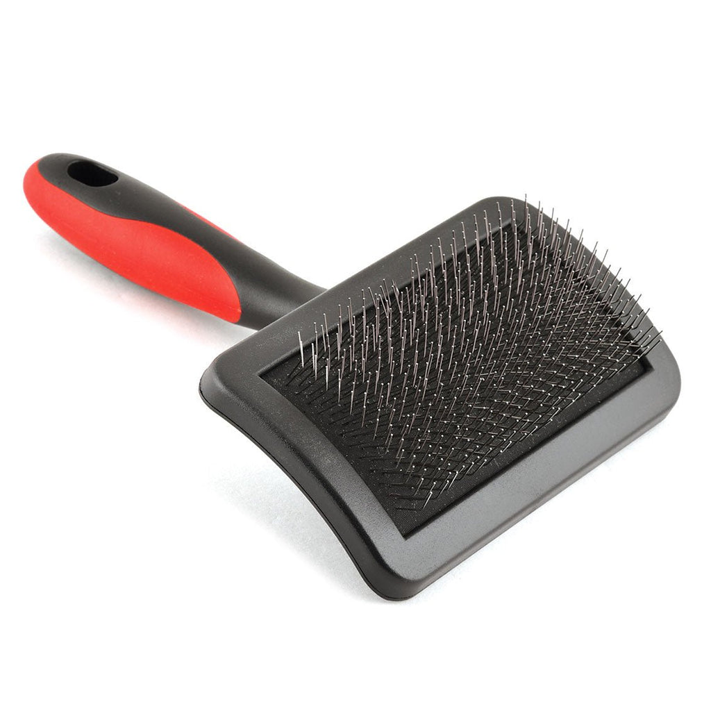 Firm-pin slicker pet brush with dense metal pins on black rectangular head