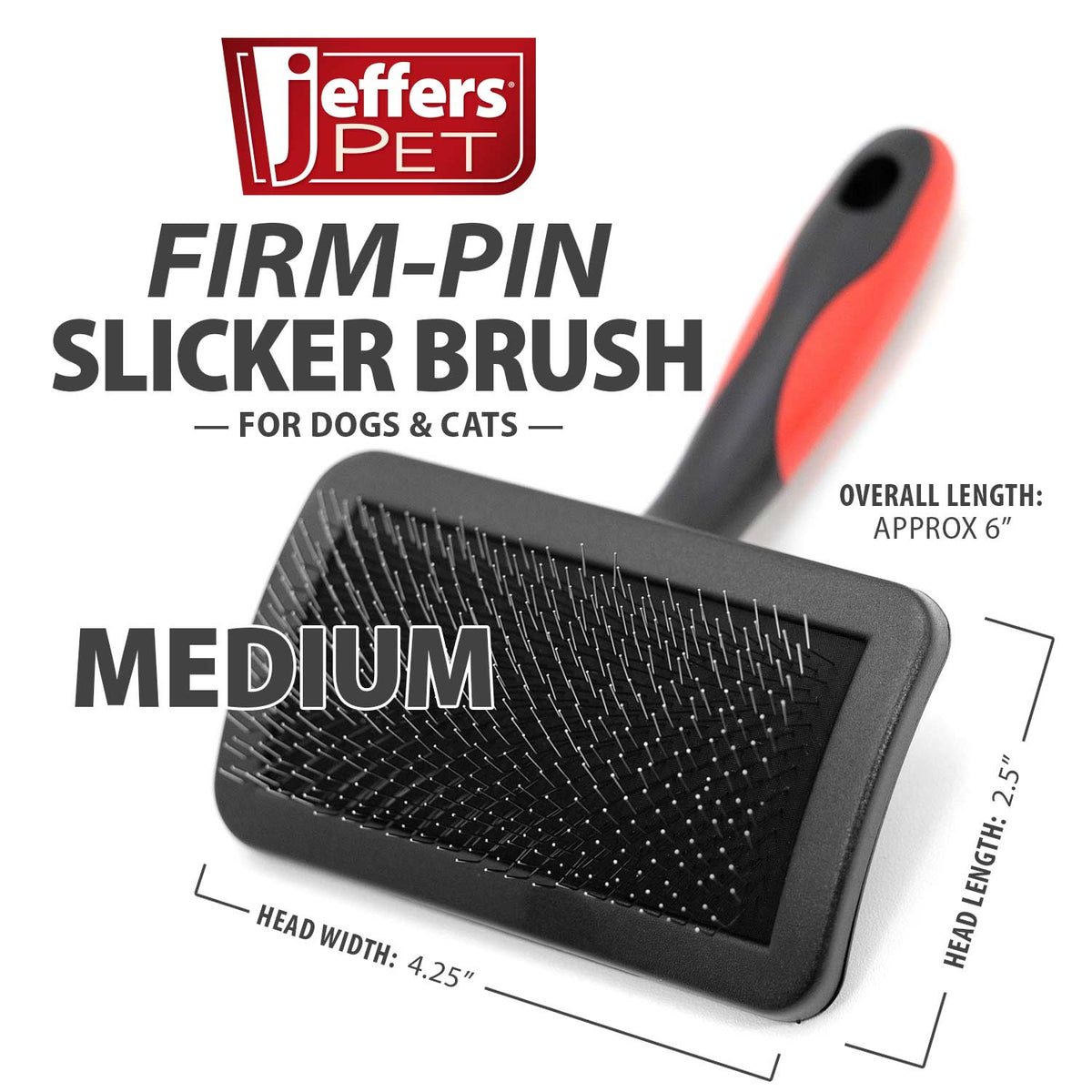 Medium firm-pin slicker brush for dogs and cats, black head with red-and-black handle