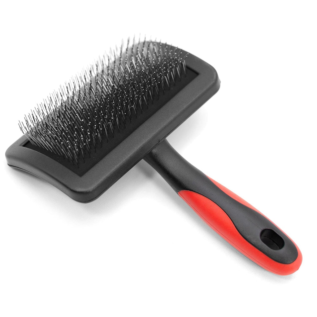 Firm-pin slicker brush with long handle; black pin head with red-and-black grip