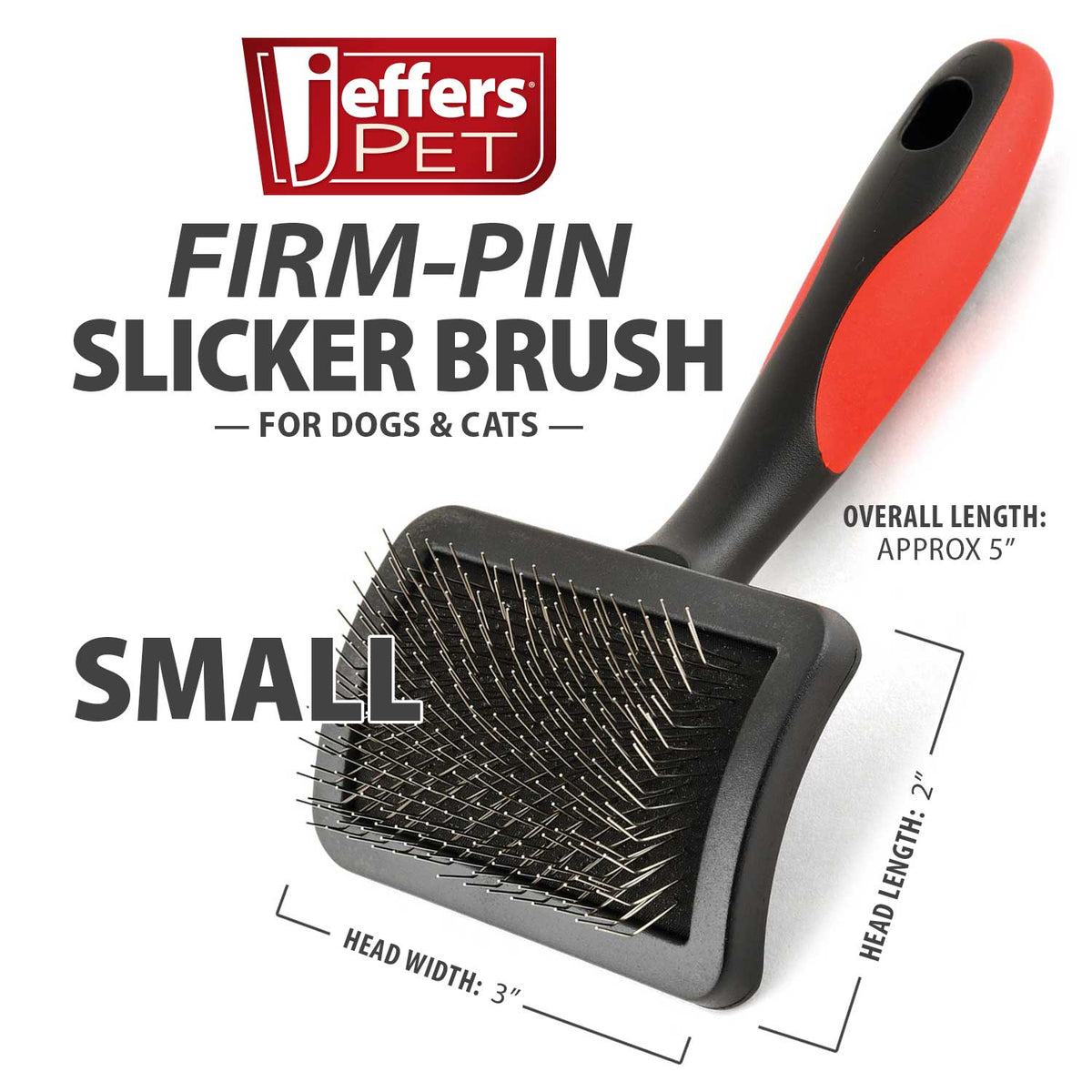 Small firm-pin slicker brush for dogs and cats, black pins with red-and-black handle