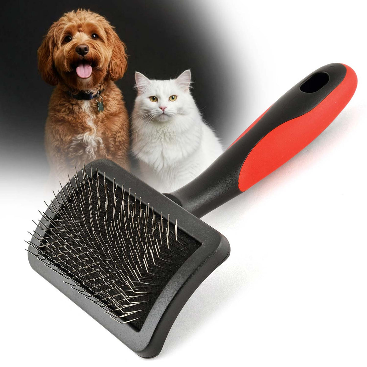 Pet firm-pin slicker grooming brush with black handle and red grip accents