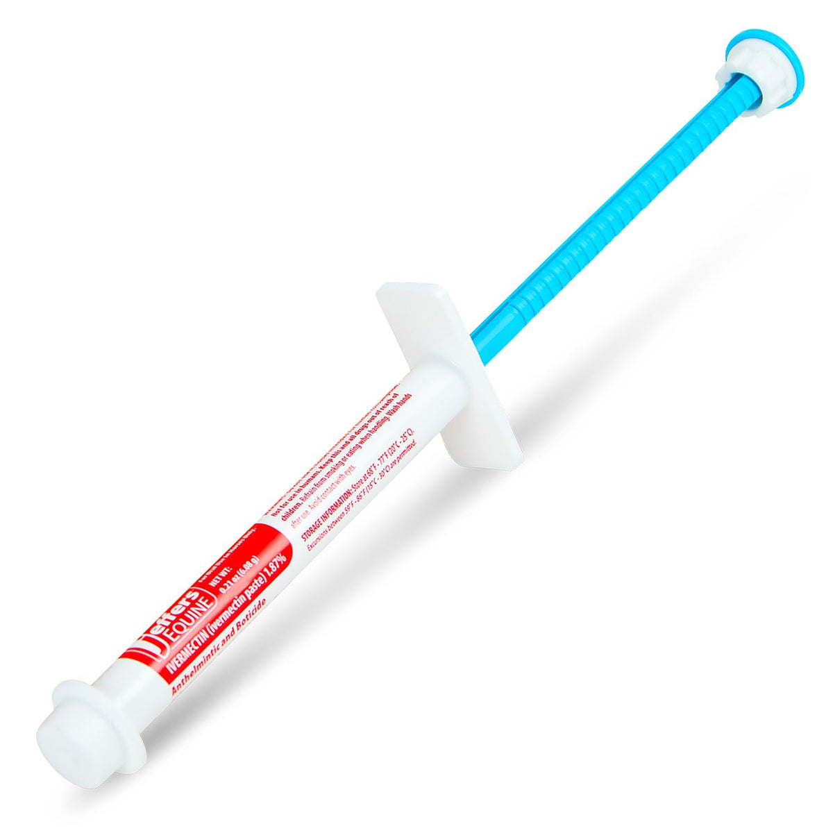 Ivermectin paste syringe with blue applicator tip and red label