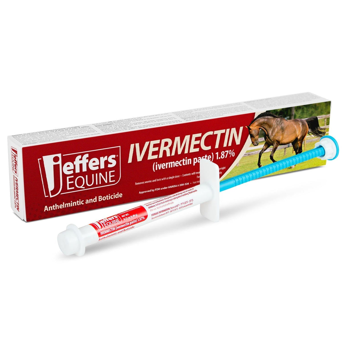 Jeffers Equine ivermectin paste gel tube with applicator tip and red label