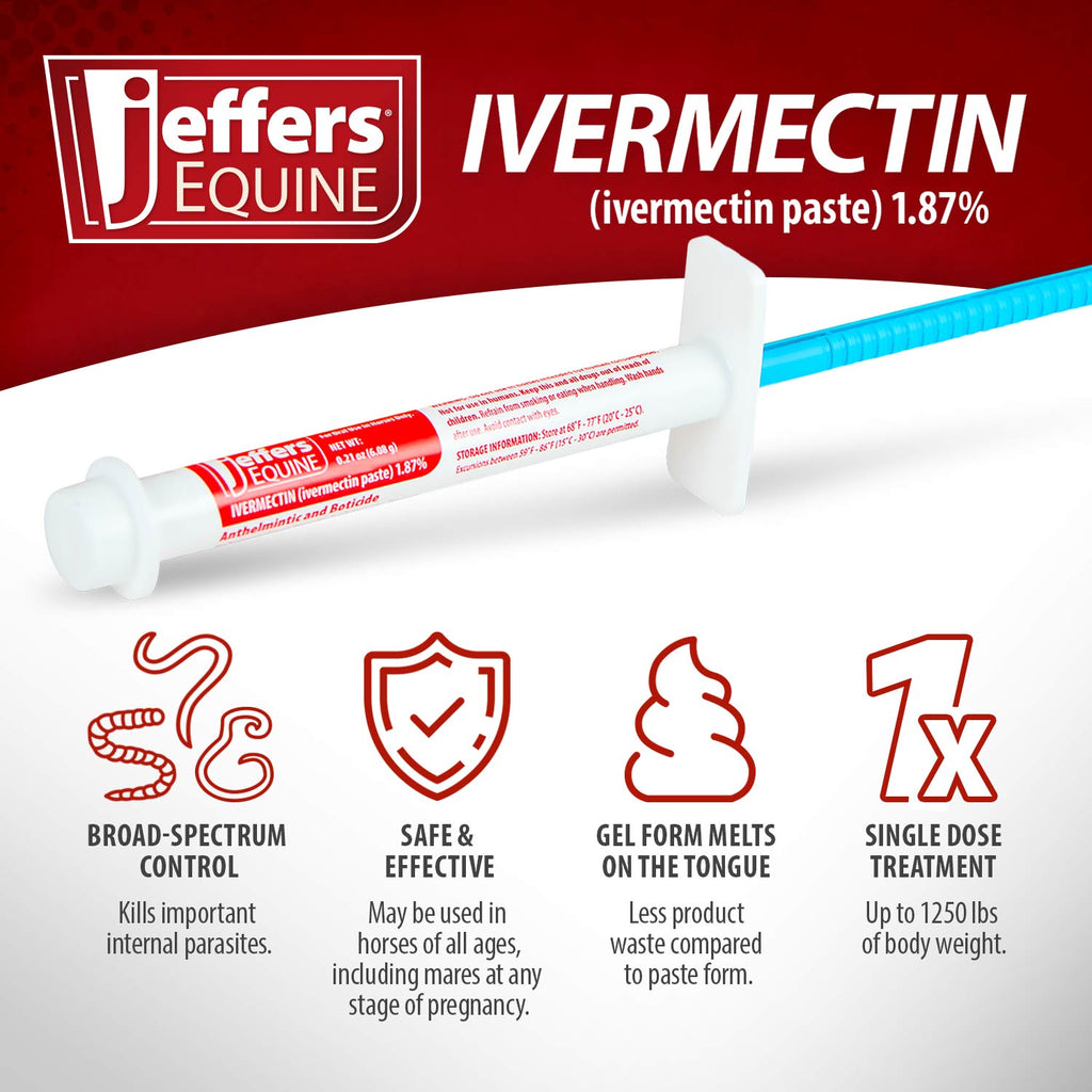 Jeffers Equine ivermectin paste syringe with dosing icons on white base