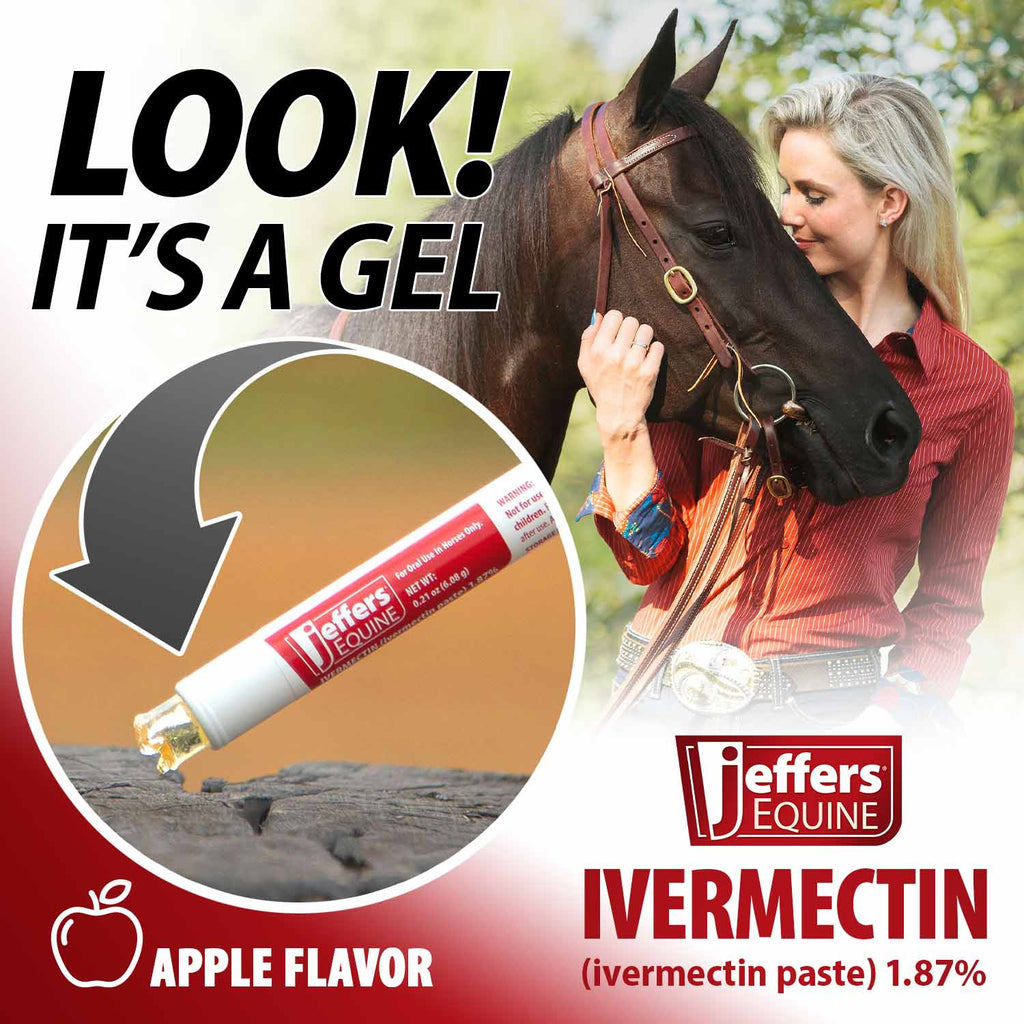Apple-flavored ivermectin gel tube with arrow graphic and red flavor badge
