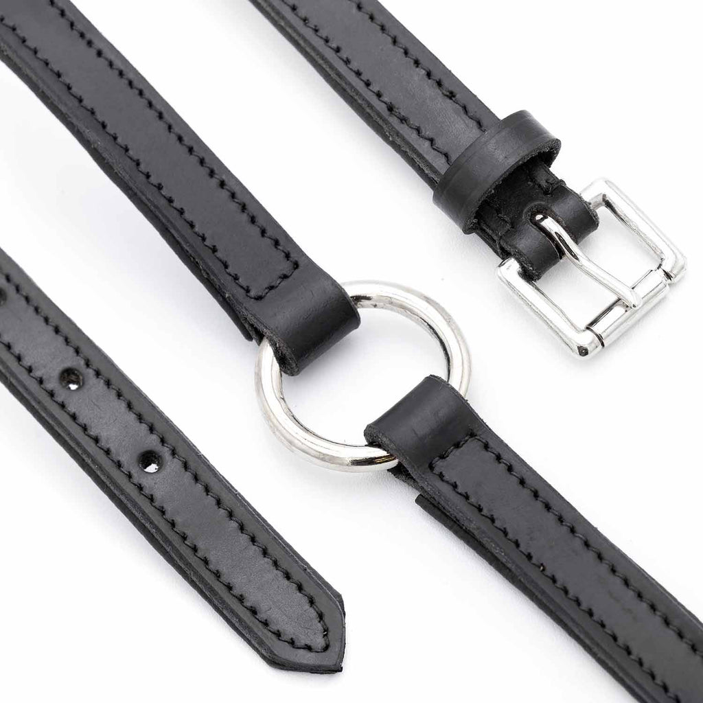 Black leather dog collar with O-ring, padded center, and stitched edges