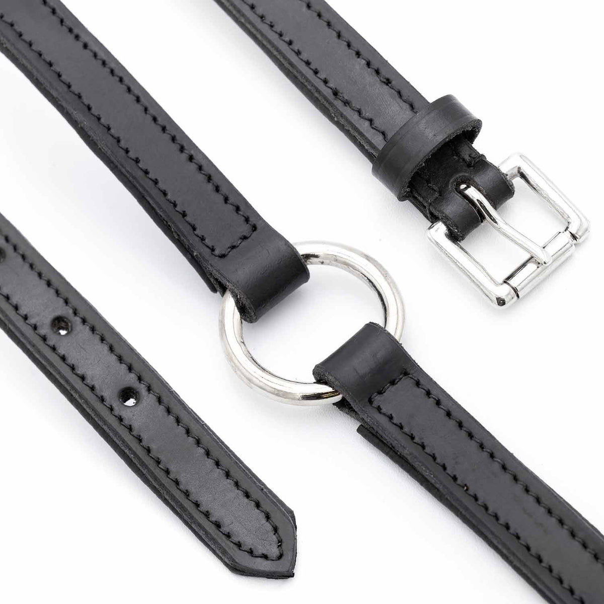 Black leather dog collar with O-ring, padded center, and stitched edges