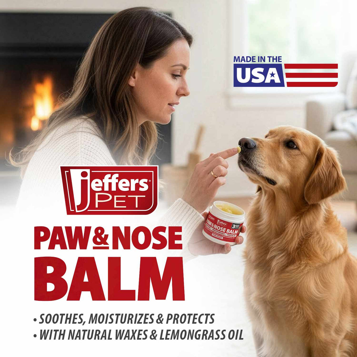 Dog near Jeffers Paw & Nose Balm jar, red label shown beside its face