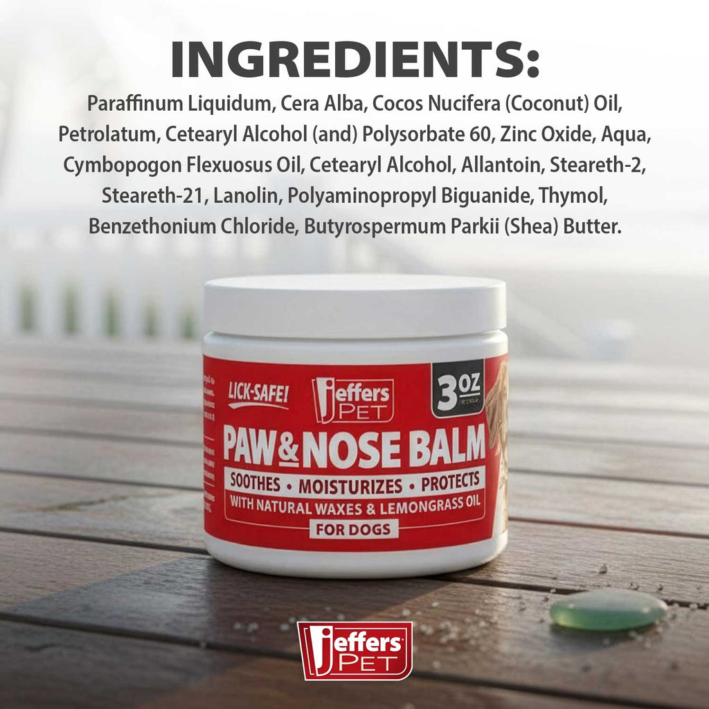 Jeffers Paw & Nose Balm 3 oz jar with white lid on a wooden surface
