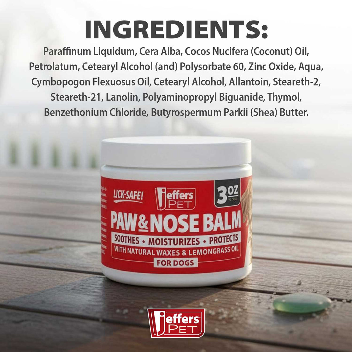 Jeffers Paw & Nose Balm 3 oz jar with white lid on a wooden surface