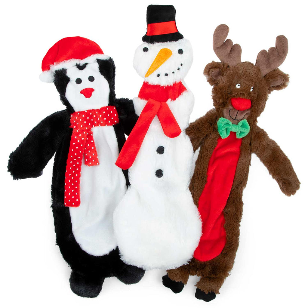 Unstuffed plush squeaker dog toy trio: penguin, snowman, and reindeer characters.
